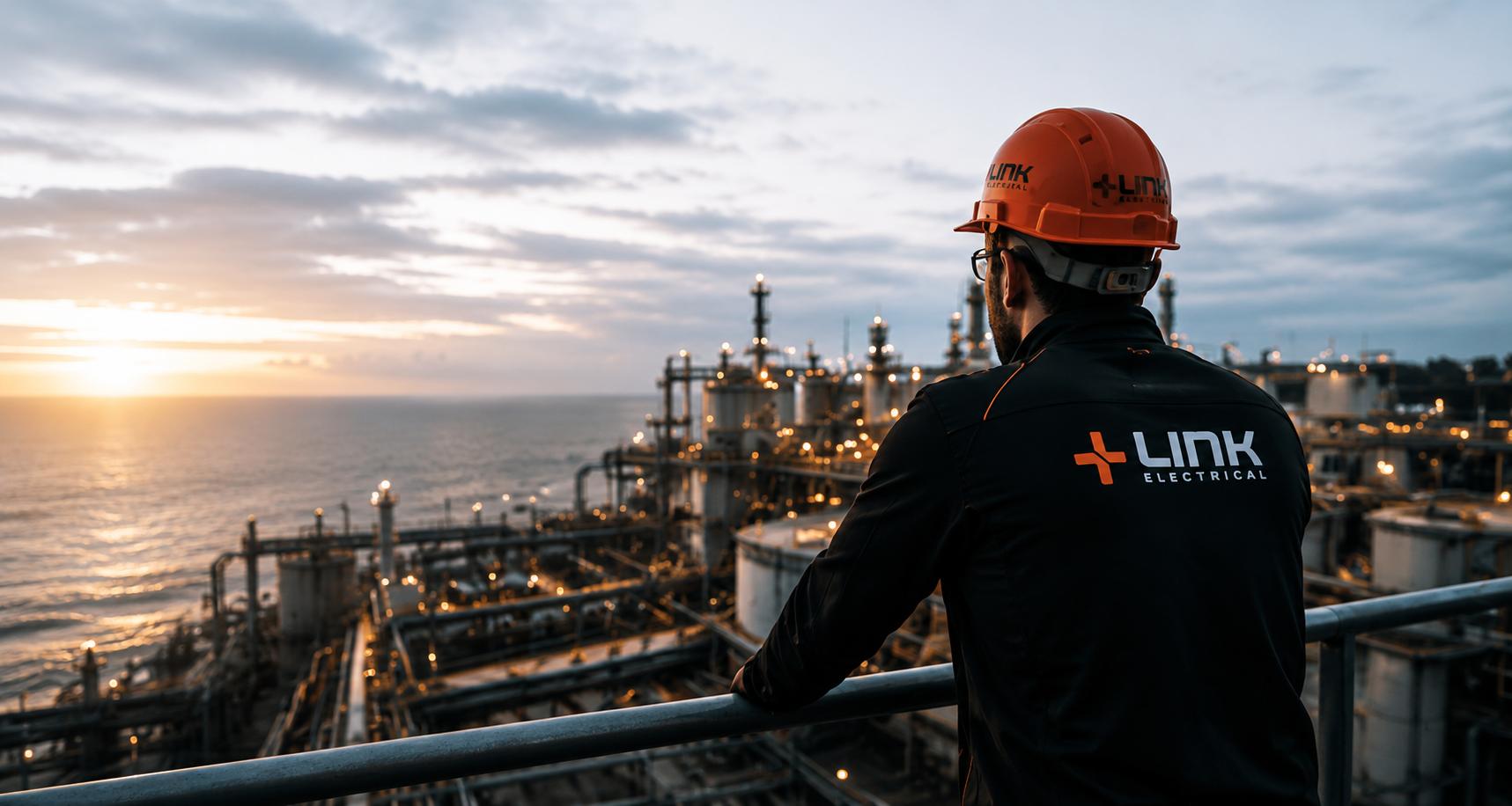 Link Electrical technician overlooking an industrial refinery at sunset