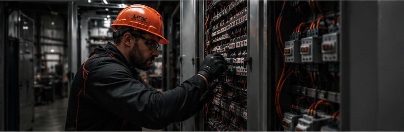 Link Electrical technician working inside a switchboard