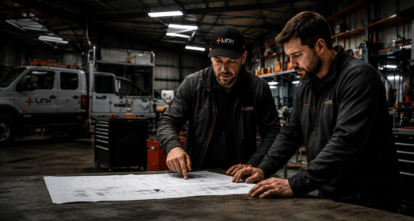 Two Link Electrical technicians reviewing plans in the workshop
