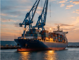 Container ship being loaded at a port