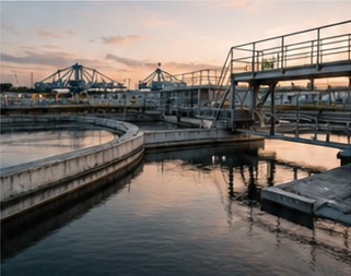 Water treatment plant at sunset