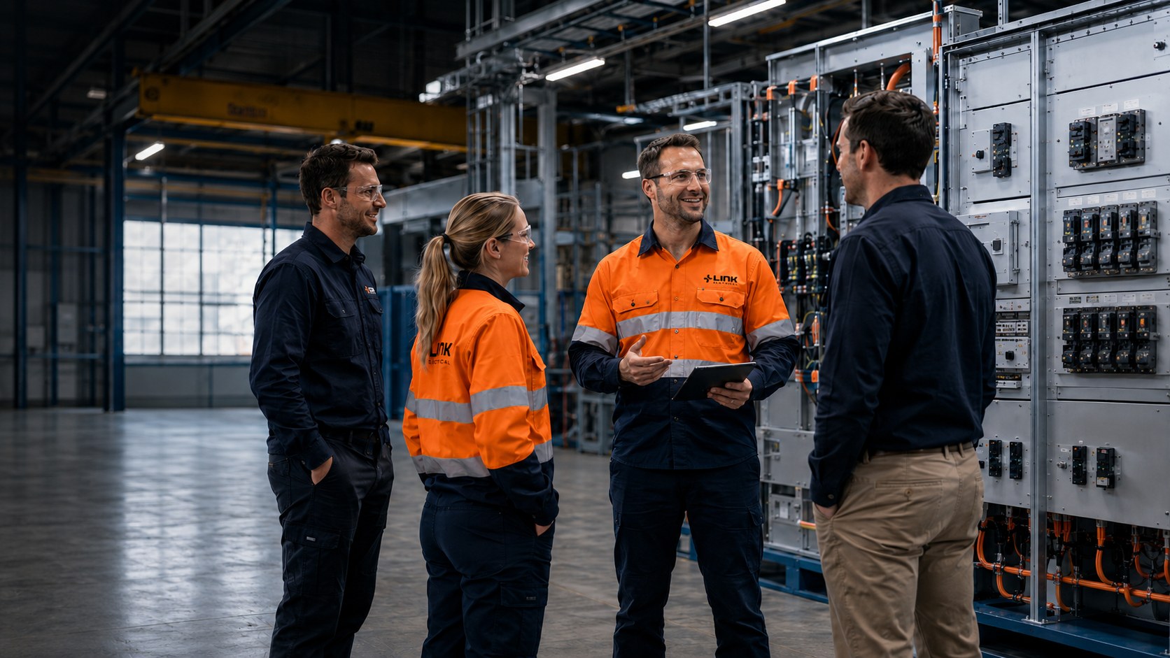 Link Electrical team meeting with a client on an industrial site
