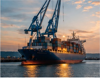Container ship being loaded at a port at dusk