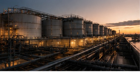 Fuel storage tanks at the Port of Tauranga at dusk