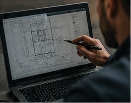 Engineer reviewing electrical blueprints on a laptop