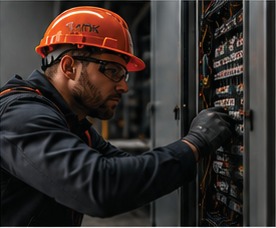 Technician in an orange hard hat working on a control panel